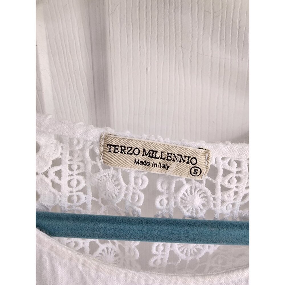Terzo Millennio S Blouse Tunic Top 100% italian Linen Roll Tab Sleeve Lace Back - Picture 3 of 7